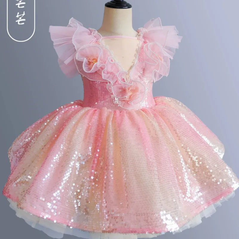 

Sparkly Pink Ruffle Sleeve Ballerina Dress Kids' Sequin Tutu Outfit for Toddler Girls Dance Cosplay Clothing Princess Costumes