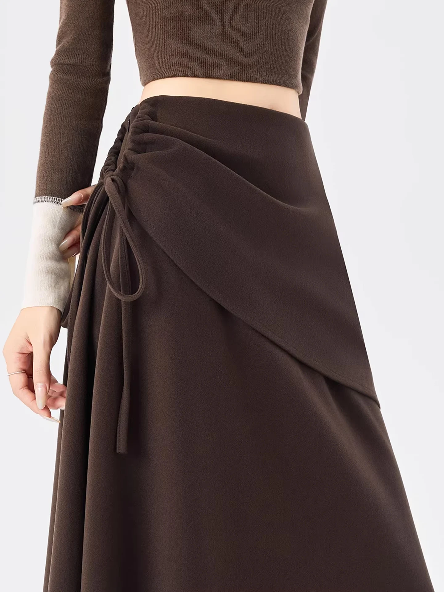 

Thiened Woolen A-Line Midi Skirt Women's Autumn Winter High Waist Slimming Drapey Coffee Color f-length Skirts