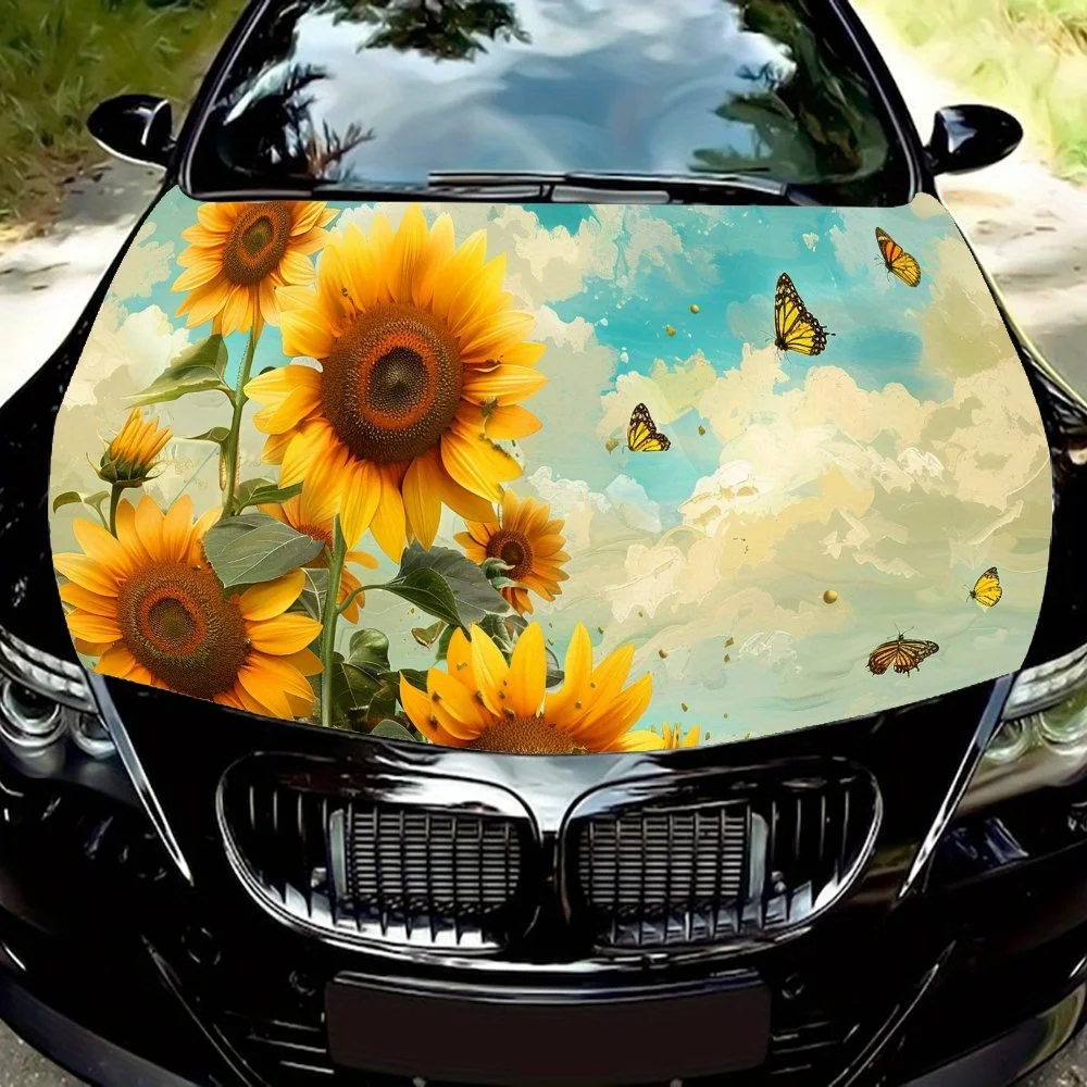 

Bright Sunflower Butterfly Sky Cloud Car Hood Wrap Color Vinyl Sticker Truck Graphic Bonnet Auto Accessories Decoration Decal Gi