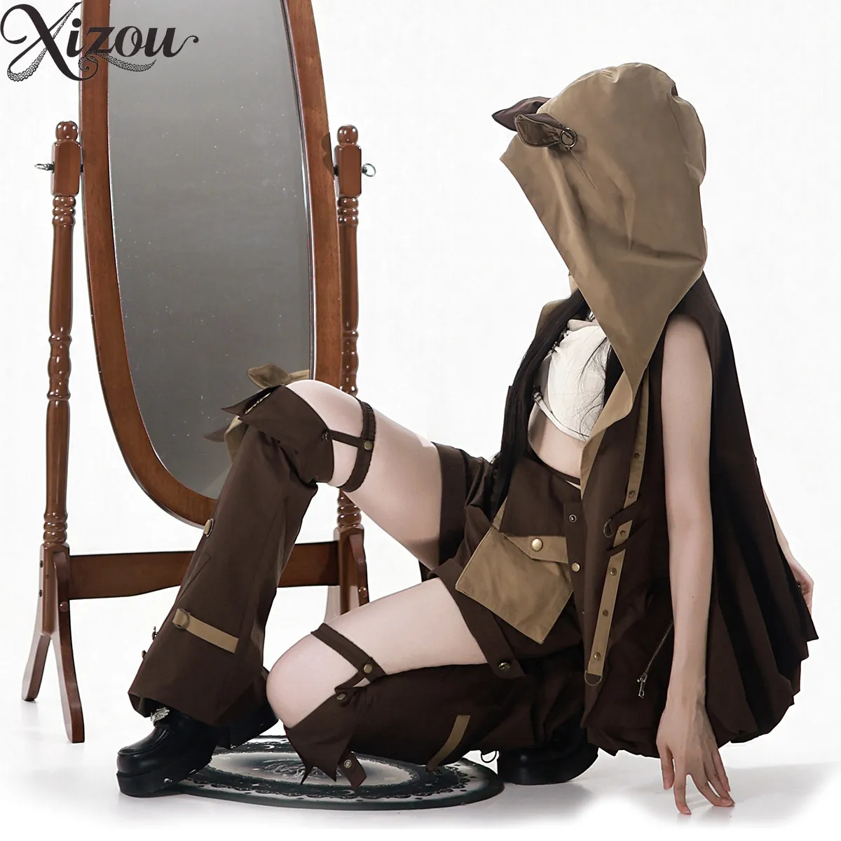Women 5 Piece Set Animal Ear Hooded Coat Crop Top High Waist Shorts Leg Warmers Waist Bag Gothic Cosplay Spring Summer Outfit