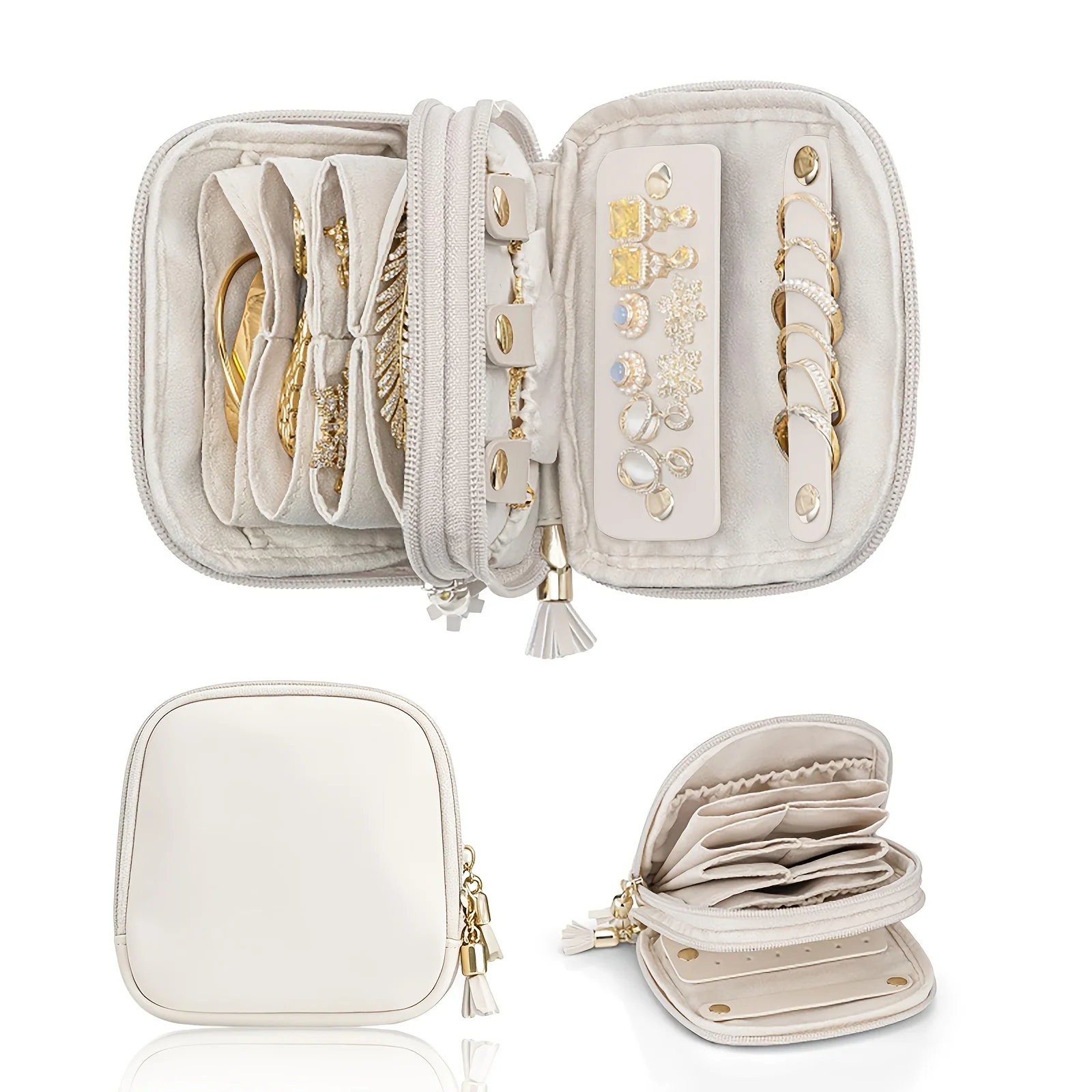 "2-Layer Faux Leather Travel Jewelry Case  Velvet Lining, Removable Earring Board, Tassel Zipper, Perfect for Gifting."