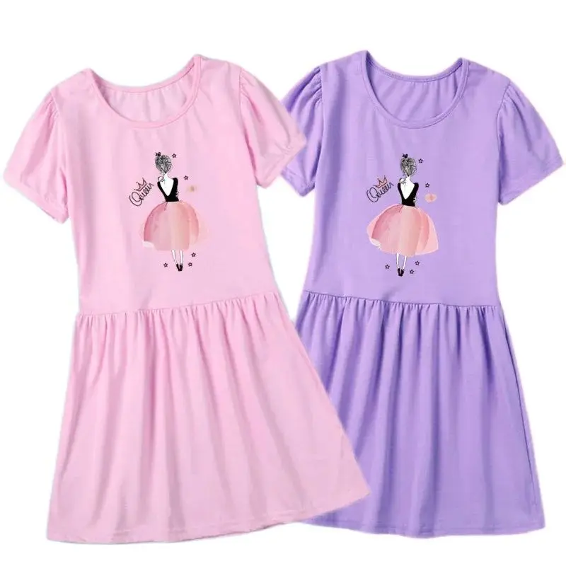 Summer New Loose Princess Dress Round Neck Short Sleeve Ballet Dancer Print Casual Cute Cartoon Sports Girls Dress 2023