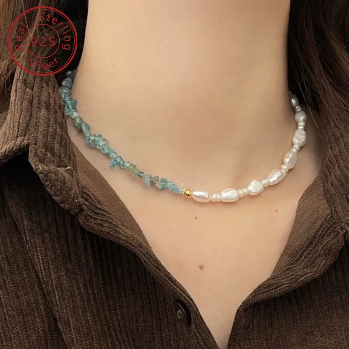 925 silver natural freshwater pearl sea blue treasure any shape necklace, simple senior, French light luxury feeling