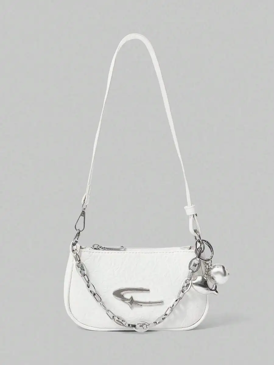 

Goth Y2K Sassy Style PU Square Camera Bag, metal star chain ball decor shoulder bag for commute holiday gift.