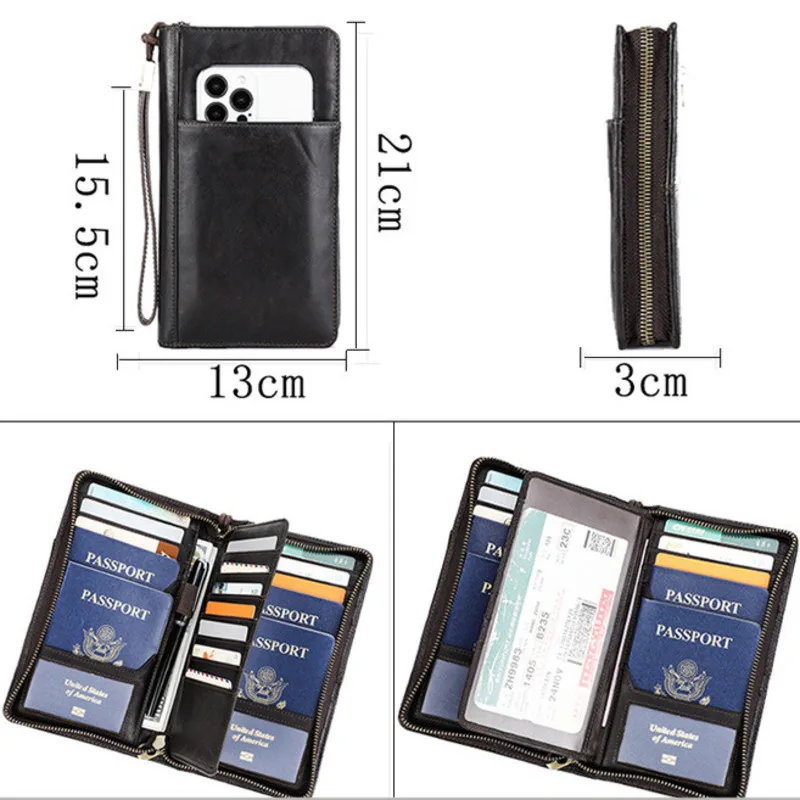 British Style Top Layer Cowhide Anti Magnetic Travel Family Storage Multi Functional Zipper  Strap Genuine Leather Passport Bags