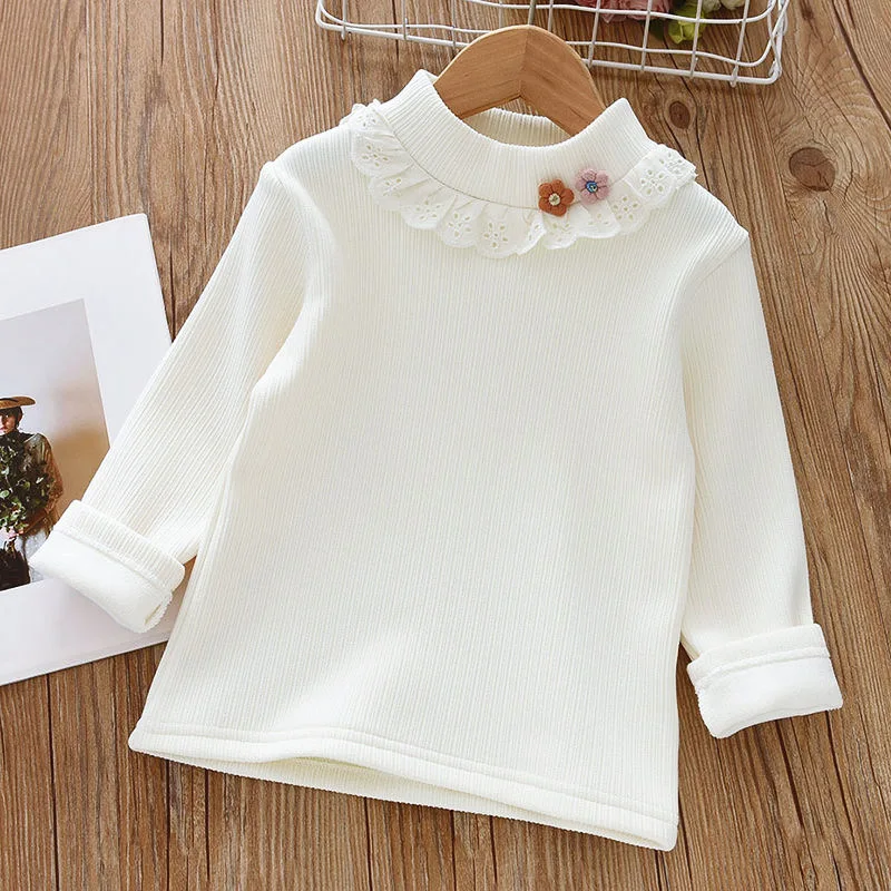 1pcs Children\'s T-Shirts Flower Decoration Velvet warm top Kids Half High Collar Long Sleeve Base Shirt Girls Tshirts Clothes