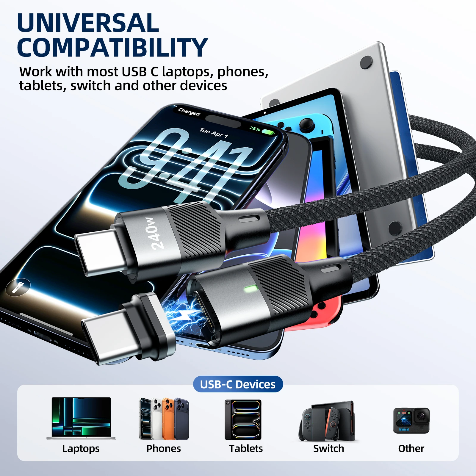 240W Magnetic Fast Charging Cable 2 in 1 USB C to Type C Charger Cable For iPhone 17 16 Samsung Huawei Xiaomi Redmi Laptop view 4