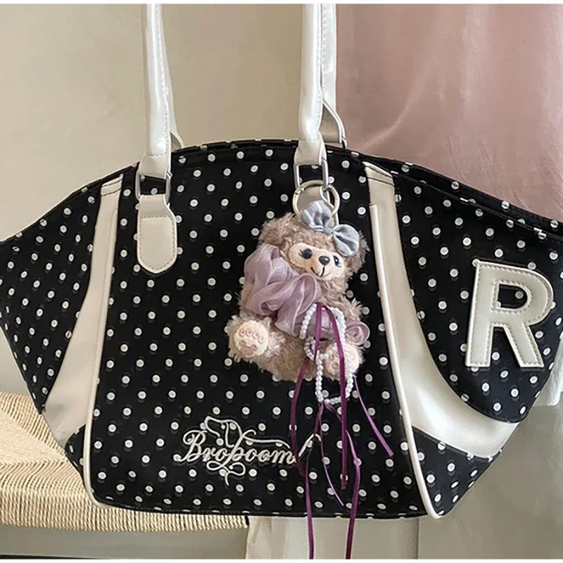 Wing Style Polka Dot Hobo Tote Bag mit Taschenanhänger, koreanische Umhängetasche mit großem Fassungsvermögen für Damen, süße Handtasche für den Arbeitsweg – Detail 6