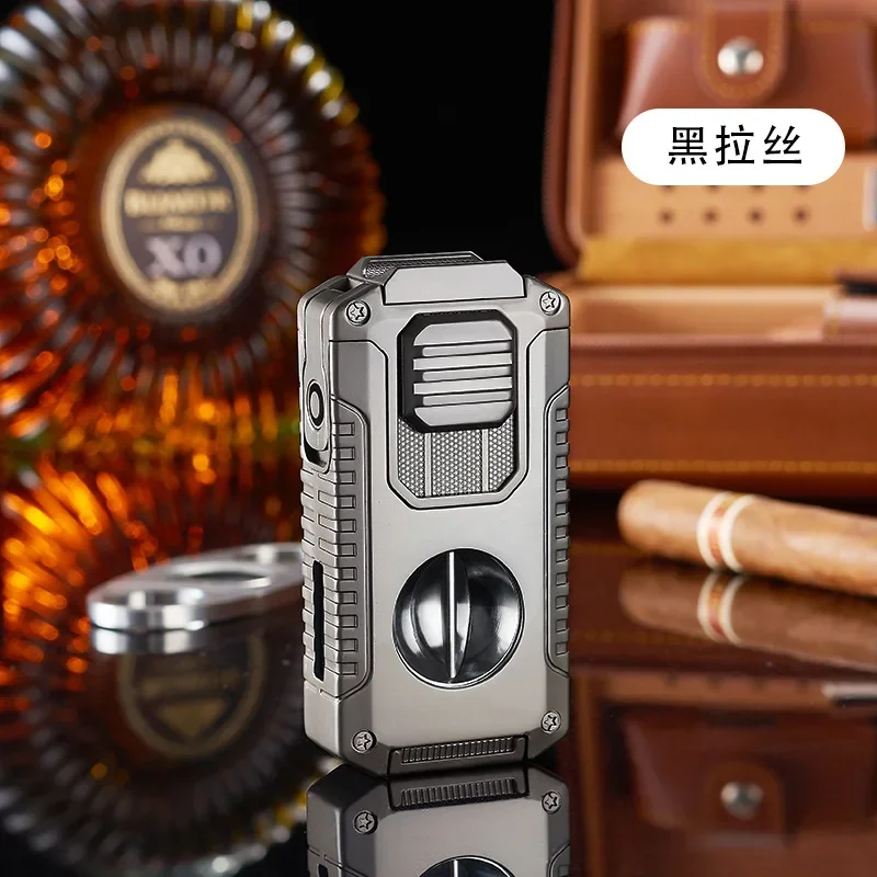 Multifunctional Three-jet Flame Direct Injection Cigar Lighter with Built-in V-shaped Cigar Cutter Portable Five-in-one