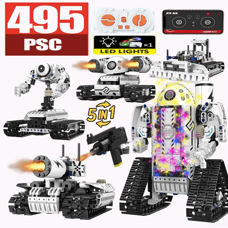 495 Psc LED 5 in 1 Technical Remote Control Deformed Robot Car Building Blocks APP RC Anti-Aircraft Tank Bricks Toys For Kids