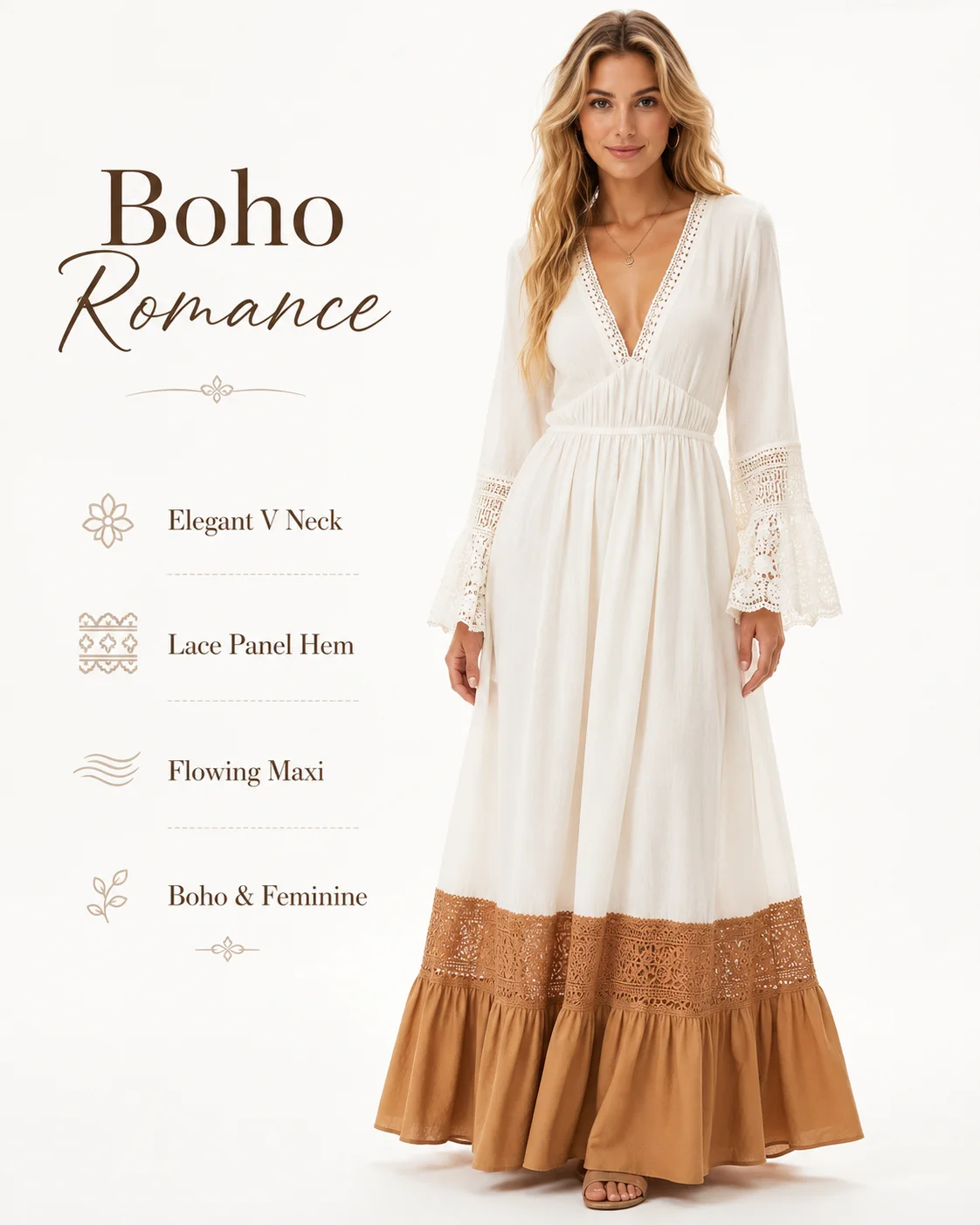 Women's Boho Lace Trim Maxi Dress Deep V Neck Long Sleeve Color Block White Brown Flare Sleeve Western Vacation Party Dress