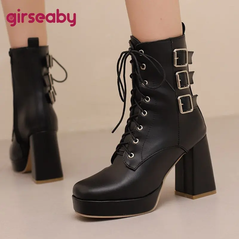 

Girseaby Роскошные женские ботильоны с круглым носком на блочном каблуке 9,5 см, платформа 2,5 см, застежка-молния на шнуровке с застежкой на поясе, большие размеры 48 49 50 US18
