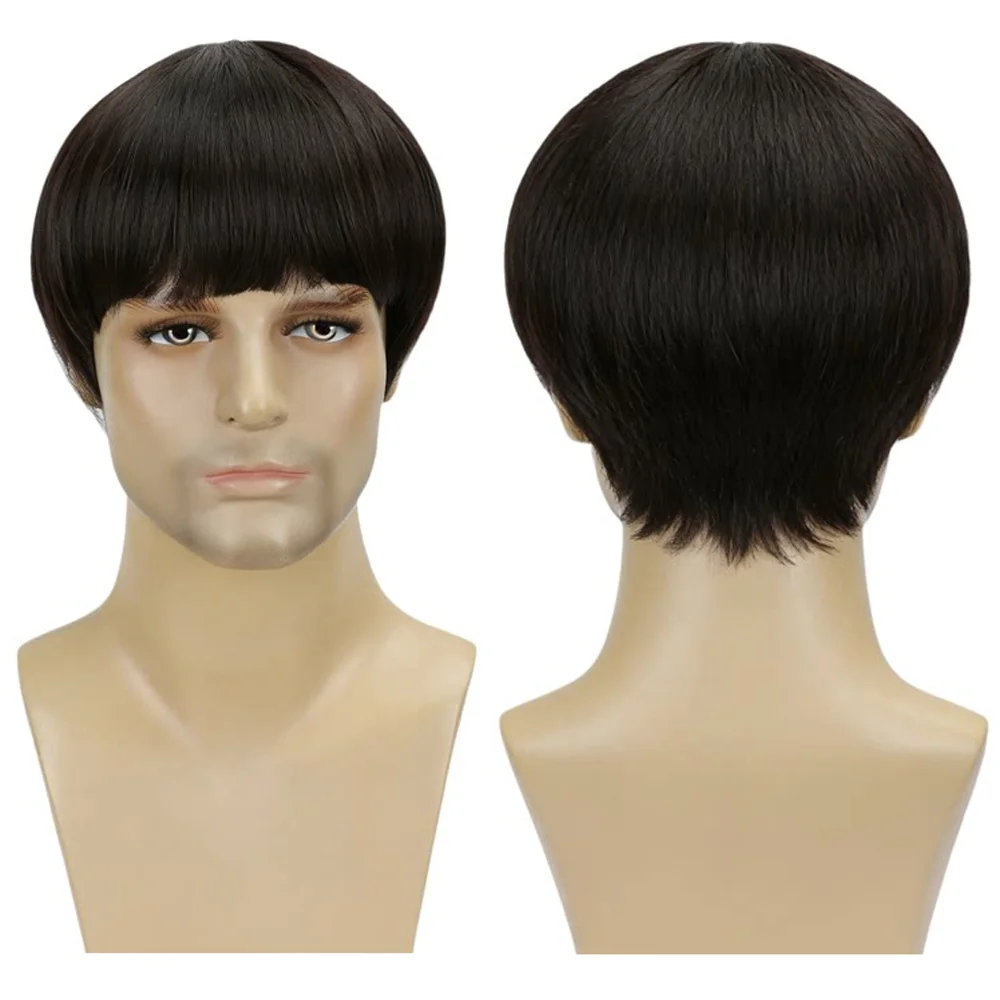 Men Bowl Cut Wig Short Straight Natural Black Wig For Men Heat Resistant Synthetic Hair Daily Wear Party Halloween Cosplay