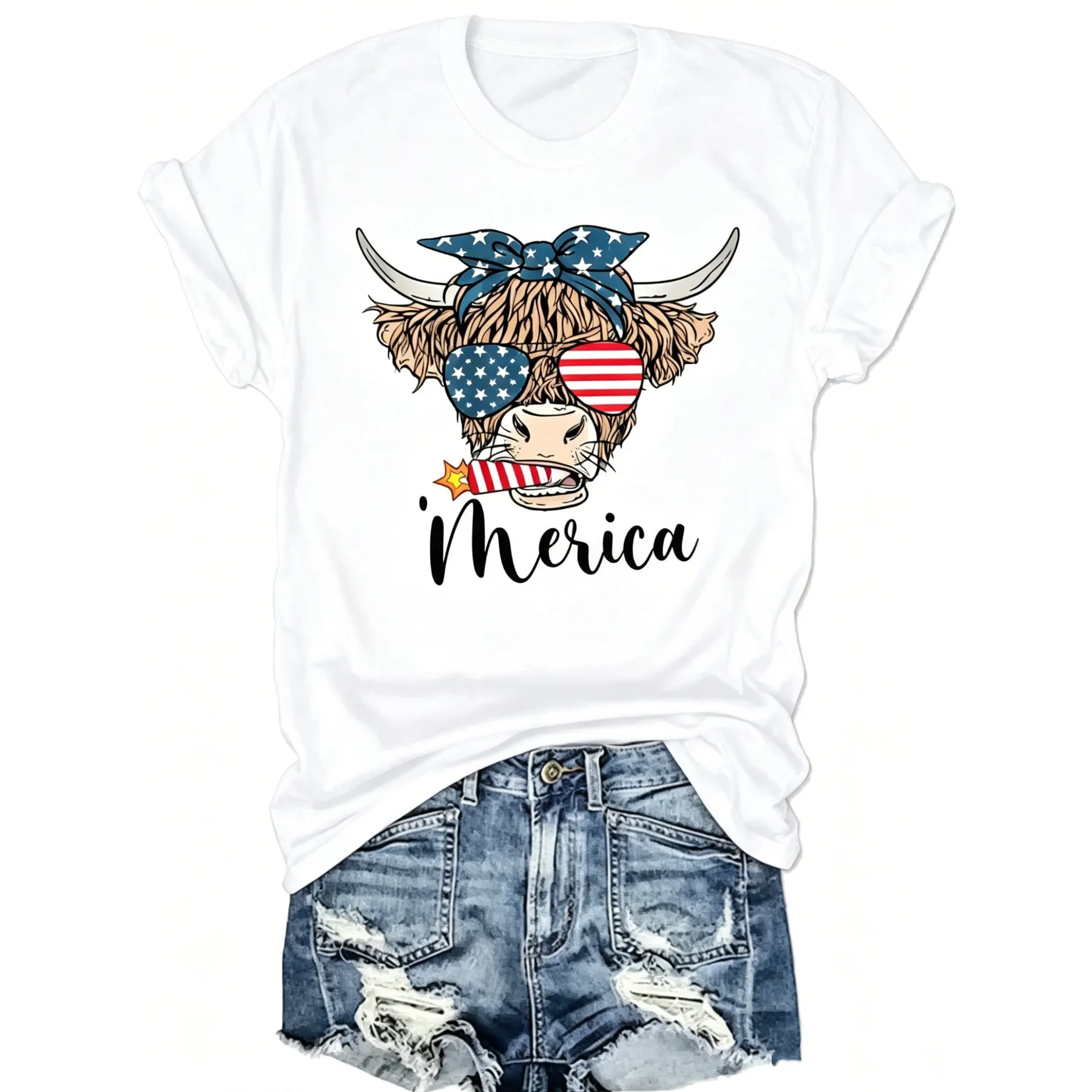 American Flag Sunglasses Highland Cow Tee, Regular Length Short Sleeve Round Neck Plus Size T-Shirt For Perfect For Independence Day Patriotic Outfits