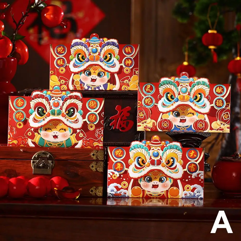 Baru 4 buah 2025 Tahun Baru Cina amplop merah Kartun Tahun pernikahan ular Beruntung Festival Hongbao paket Musim Semi kantong uang O3D9