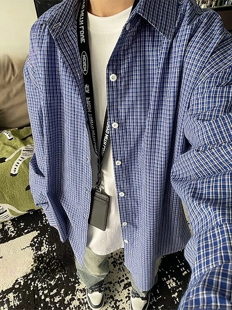 

Trendy Plaid Long Sve Men's irt k Blue Casual Outerwear Spring Autumn Inner Wear Layering American Sle Coat