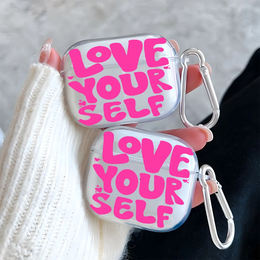 Love Yourself Pink Pattern Clear Earphone Case for AirPods 4/3/2/1 Earbuds Case For AirPods Pro 3/Pro 2/Pro TPU Protective Cover