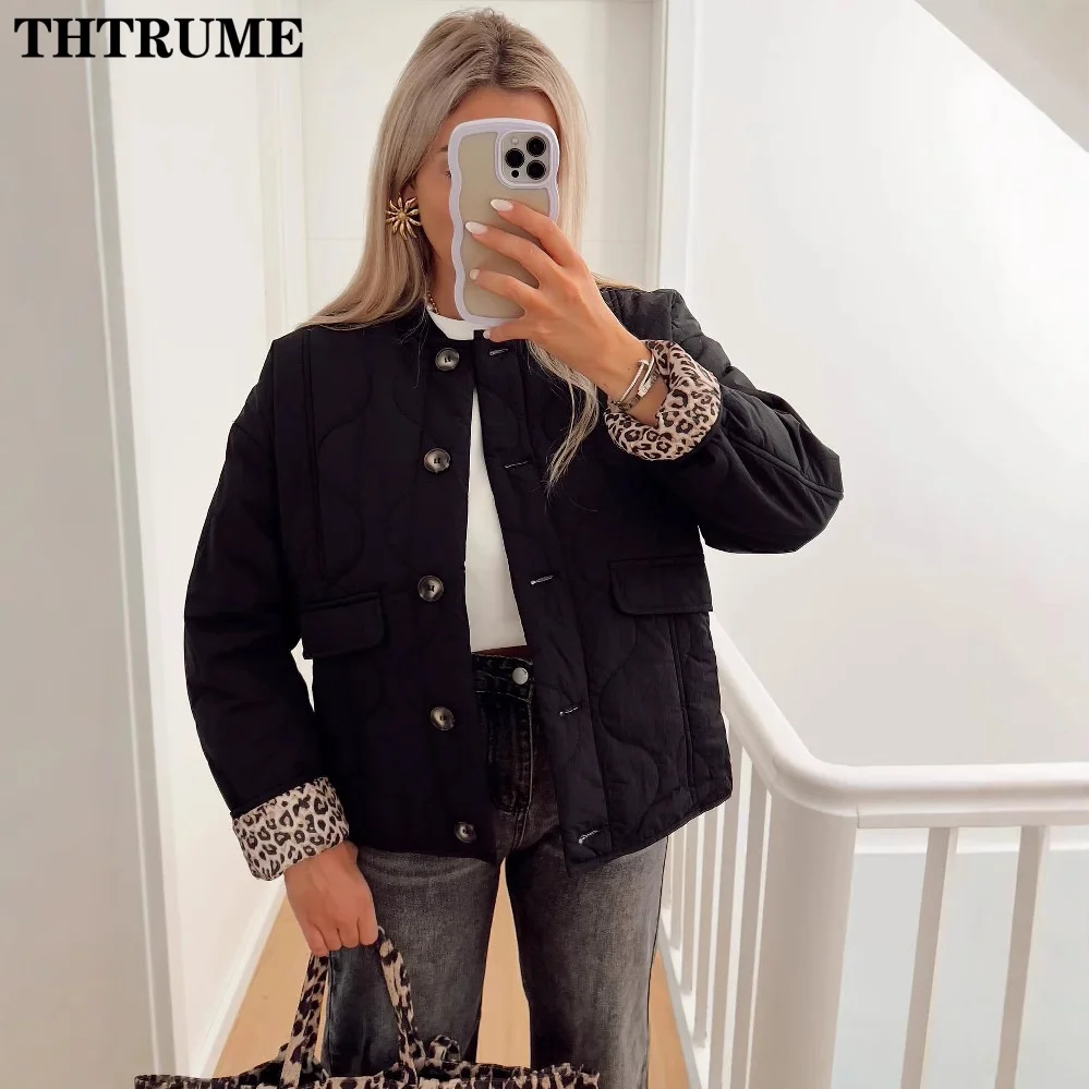 2024 New Leopard Print Jackets Fashion Women Autumn Single Breasted O-Neck Button Coats Elegant Cotton Outwear Quilted Jacket