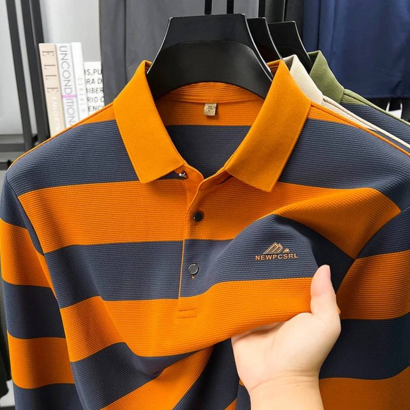 

Autumn New Men's Long Sleeve Polo Shirt: Colorful Striped, Stretchy Double-sided Pique Knit Fabric