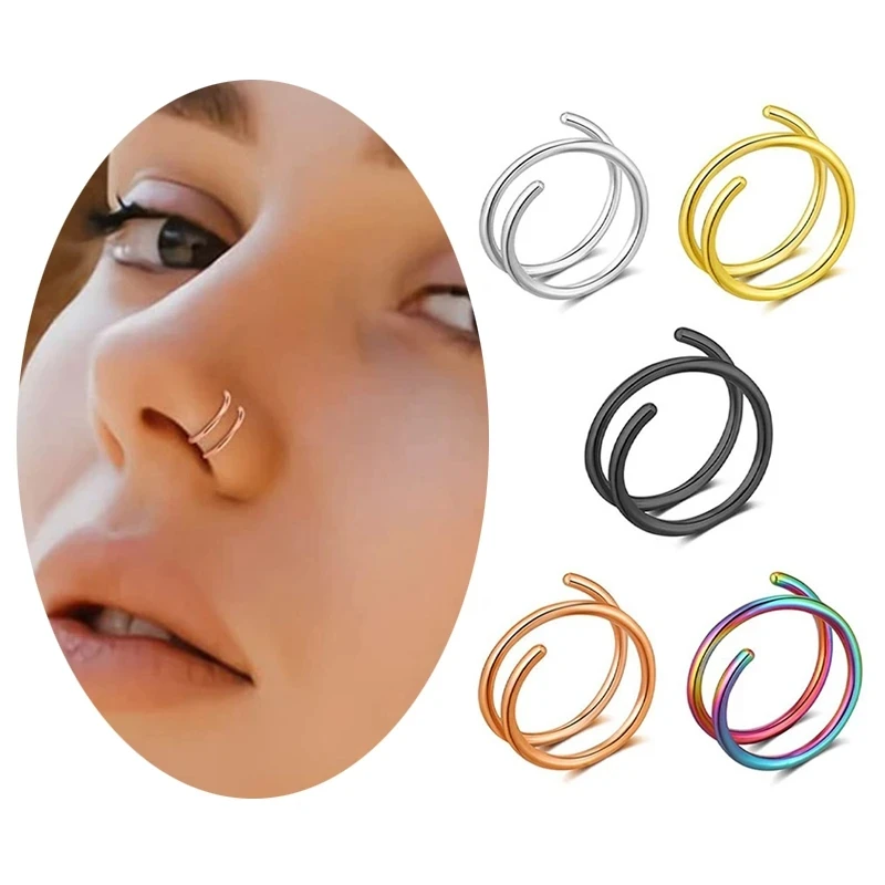 1cs Podwójny pierścień do nosa ze stali nierdzewnej Spiralna przegroda nosa Piercing Chrząstka Hoop Kolczyki Tragus Helix dla kobiet Biżuteria do nosa