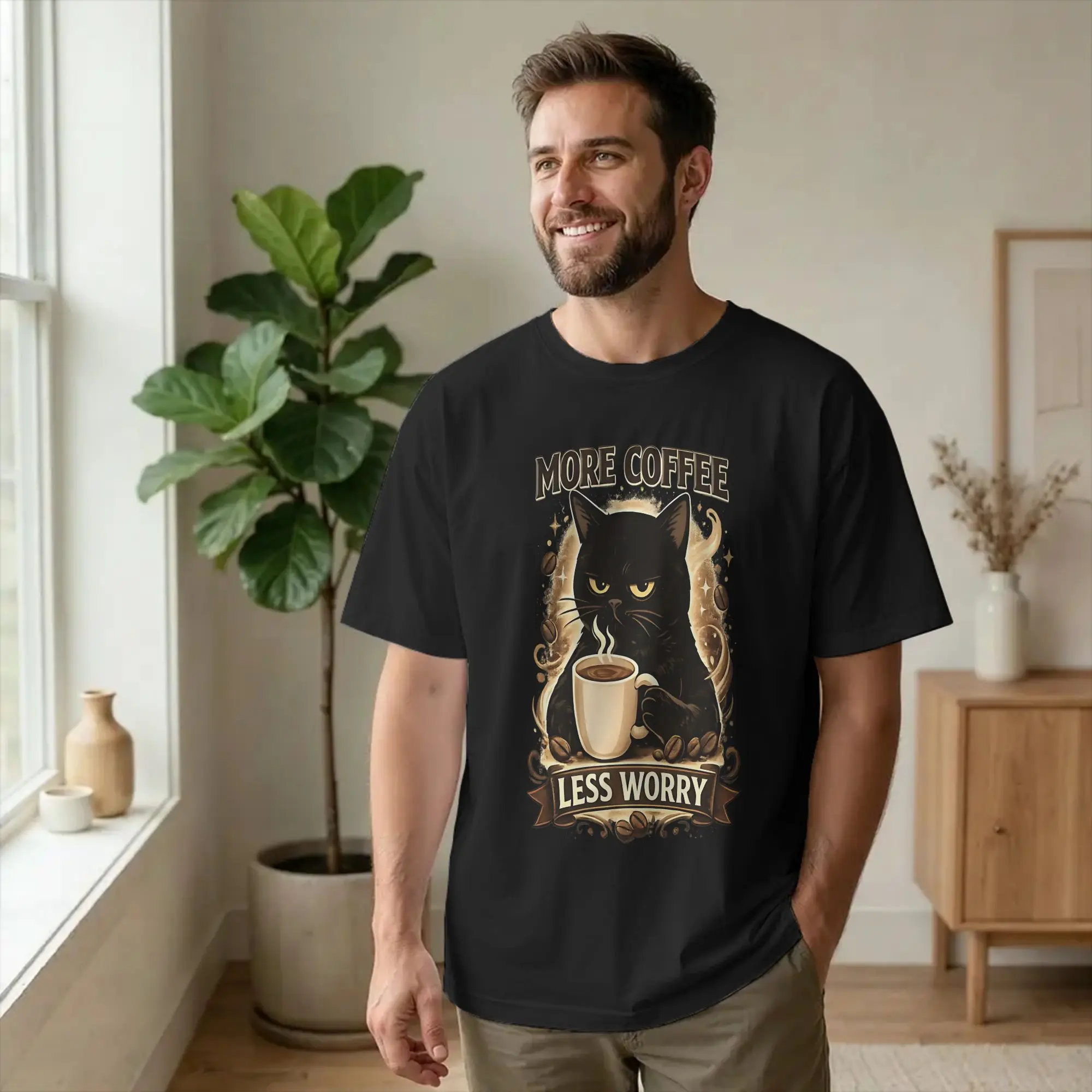 More Espresso Less Depresso     Black Cat Coffee  T-Shirts  Humor Pure Cotton Tees O Neck Short Sleeve T Shirts Plus Size Tops