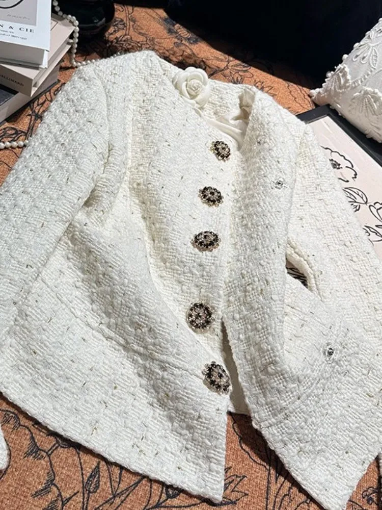 Korean Female Diamonds Single Breasted Solid Color Jacket Versatile Ladies Round Neck Loose Coat Fashion Long Sleeves Outwear