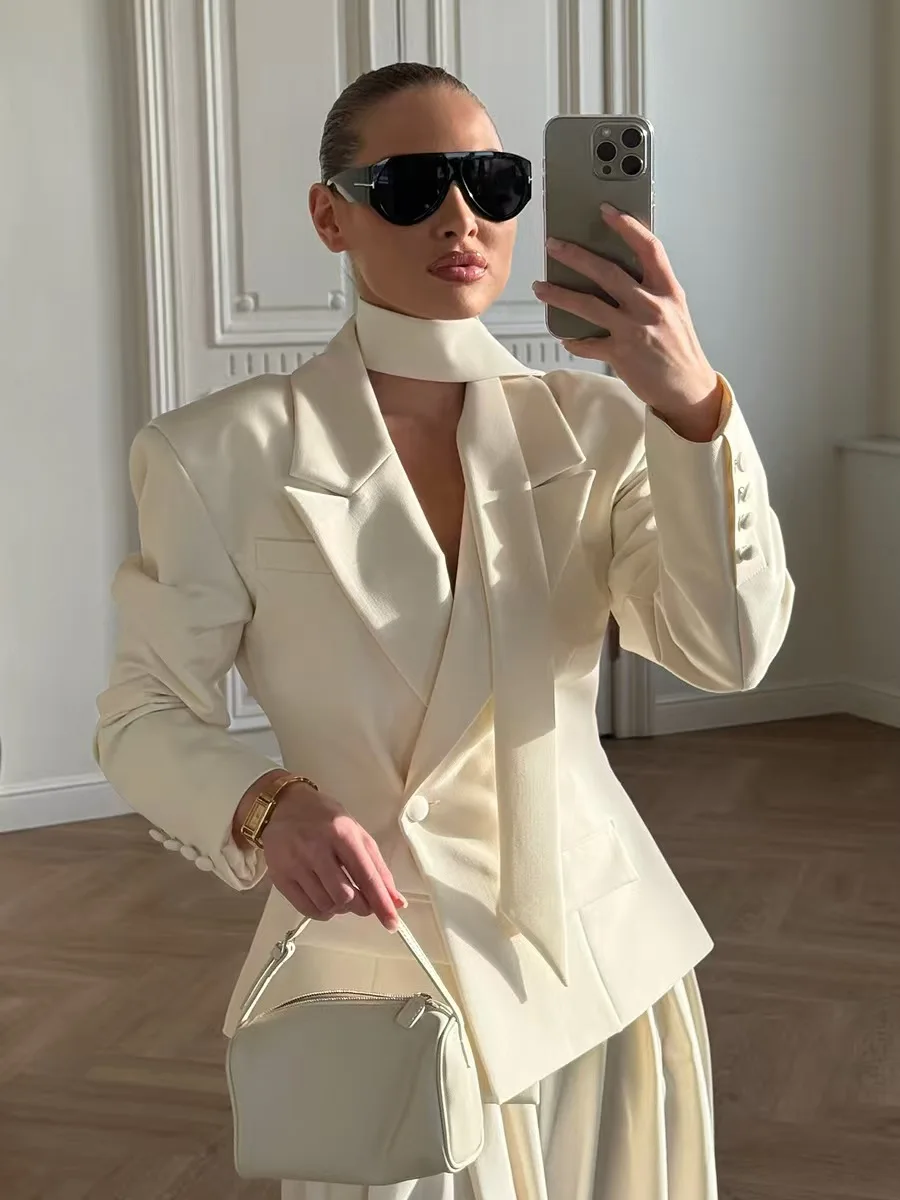 Elegant Short Suit Jacket with Sash Trendy Commuter Style Women's Fashion Polyester Long Sleeve One Button Pure Color