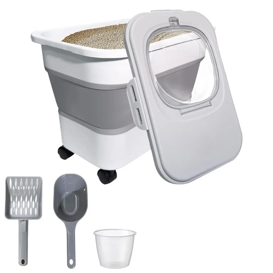 

Cat Litter Storage Container with Rolling Casters,20 Lbs Cat Litter Storage with Wheels,Airtight Lids,Cat Litter Shovel,Portable