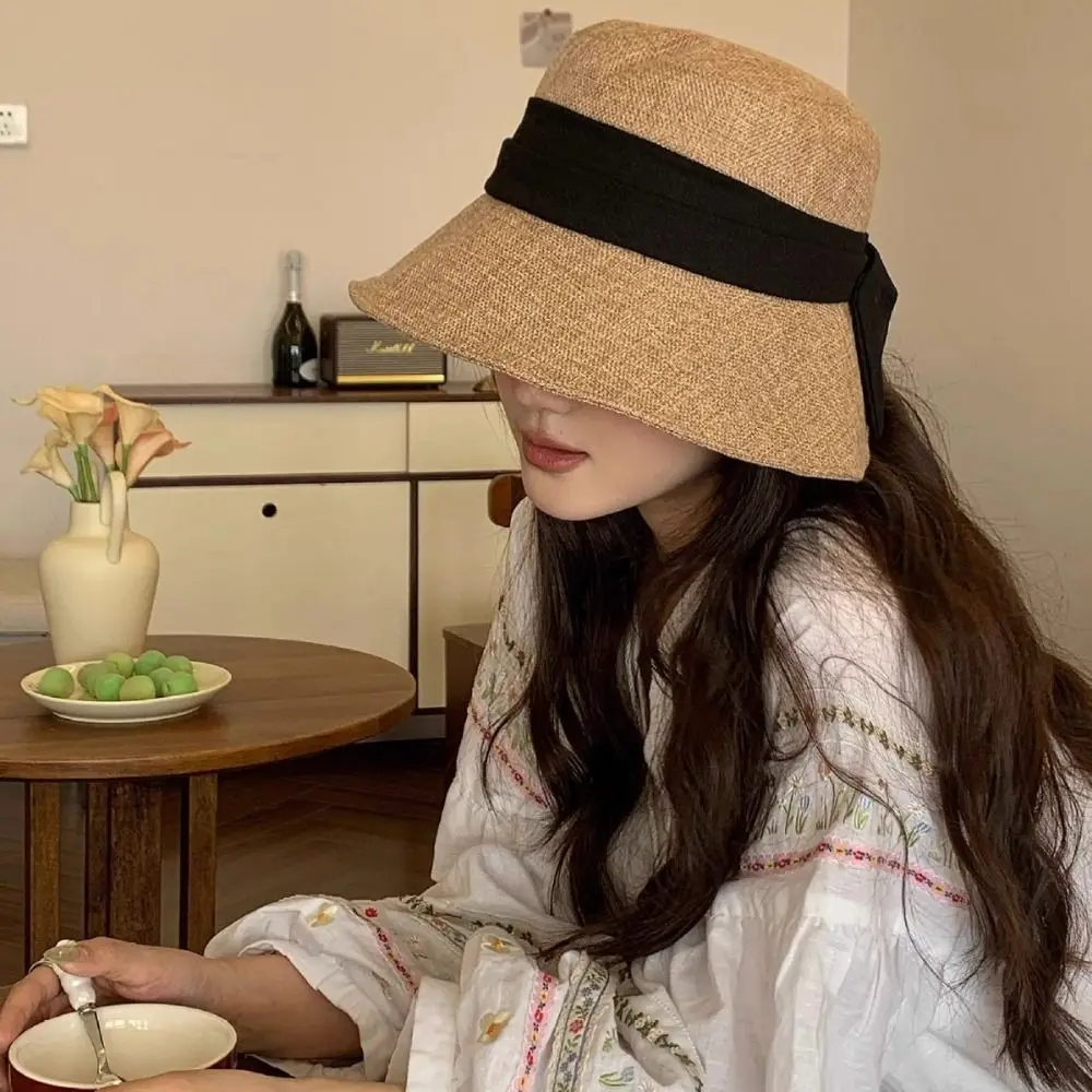 

Casual Bowknot Bow Fisherman Hat Wide Brim Cotton Linen Sunshade Hat Breathable Sun Protection Summer Sun Hat Ladies