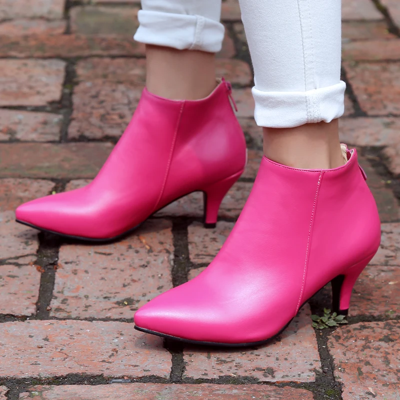 Winter Plush Women Ankle Boots 6.5cm Kitten Spike High Heel Red Black PU Pointed Toe Black Casual Office Lady Zipper Short Boots