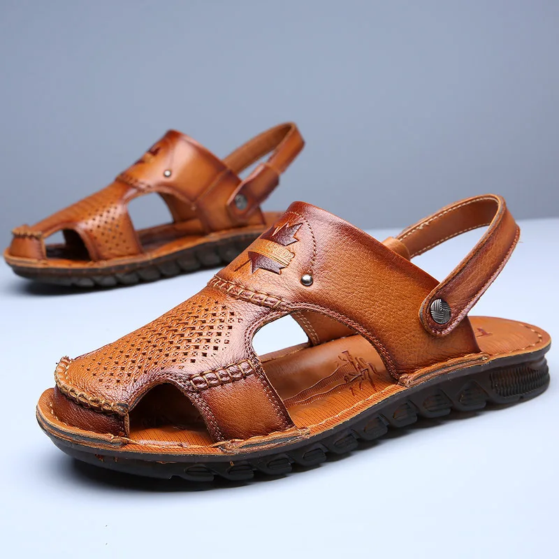 2023 Summer Sandals Men\'s Genuine Leather Outdoor Casual Shoes Cow Rib Soft Sole Beach Shoes Men\'s External Slippers Men\'s Shoes