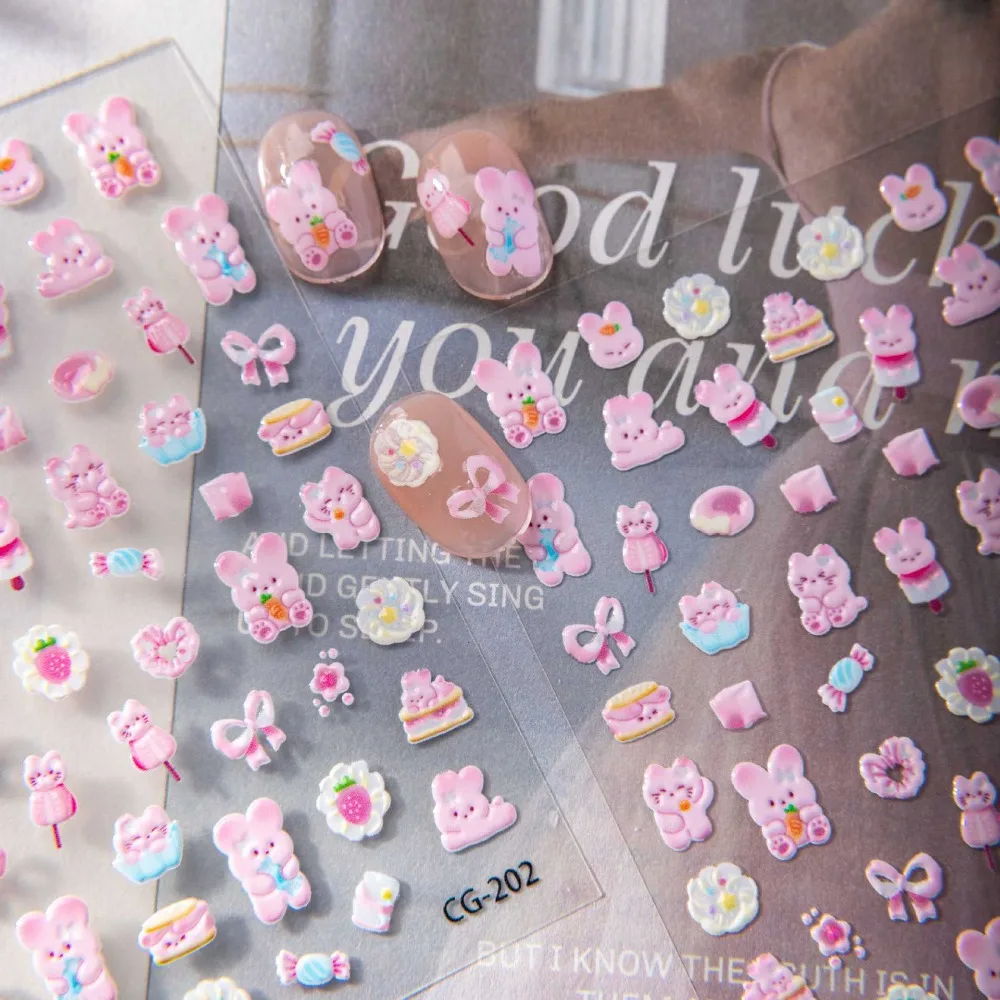 New Pink Cute Cartoon Simple Bear Ins Style 3D Jelly Nail Art Stickers Waterproof Long Lasting Decals for Manicure Decoration