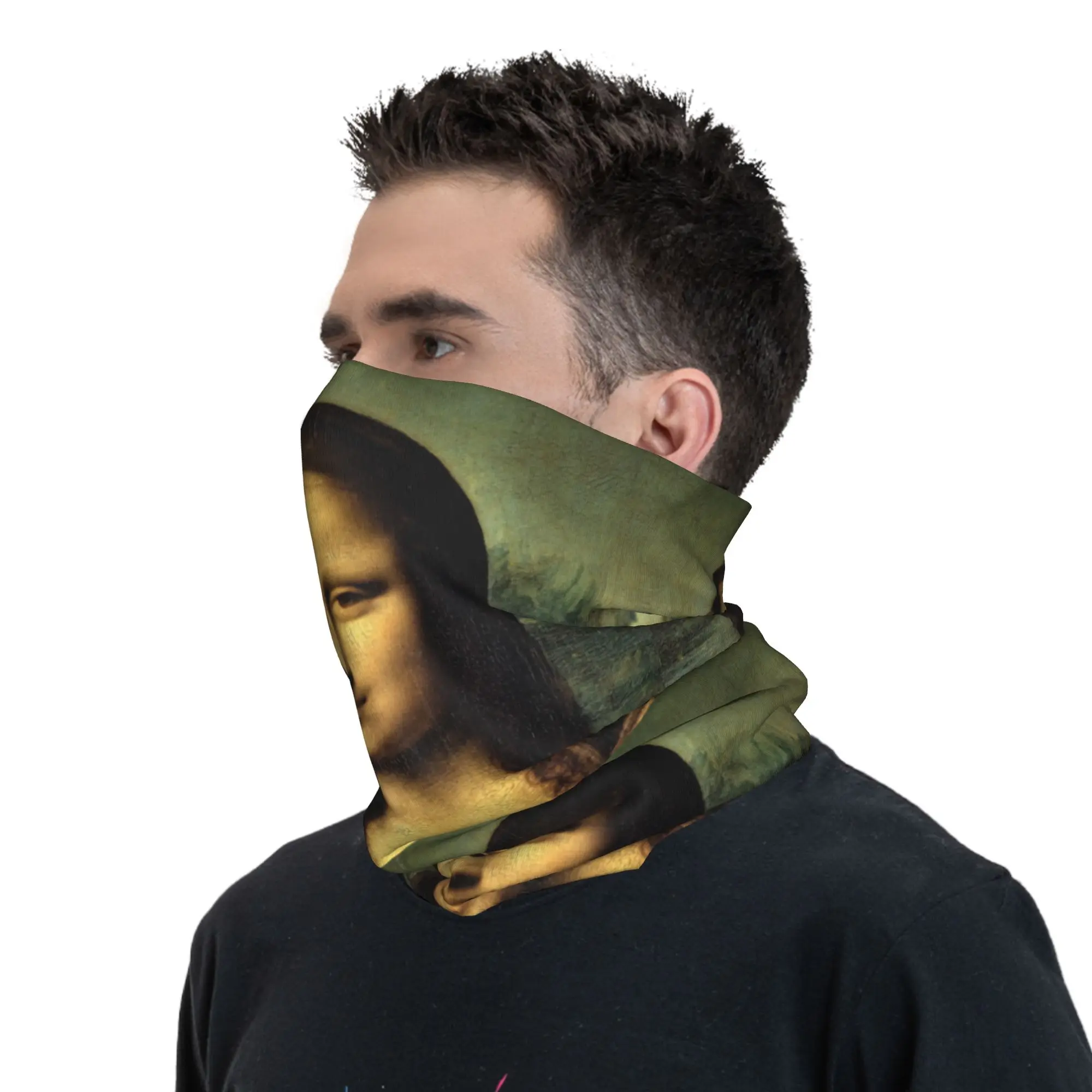 مخصص الكلاسيكية الموناليزا بواسطة ليوناردو دافنشي الرقبة الجراب النساء الرجال الأشعة فوق البنفسجية حماية الشتاء اللوحة الفن باندانا وشاح لركوب الدراجات #6