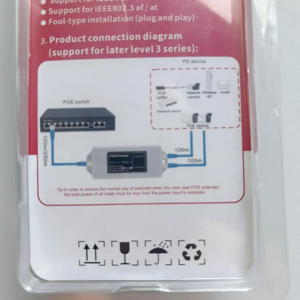 Repetidor poe de 2 portas, 10/100mbps, 1 a 2 extensor poe com ieee802.3af/at plug and play 48v para switch poe, câmera ip nvr