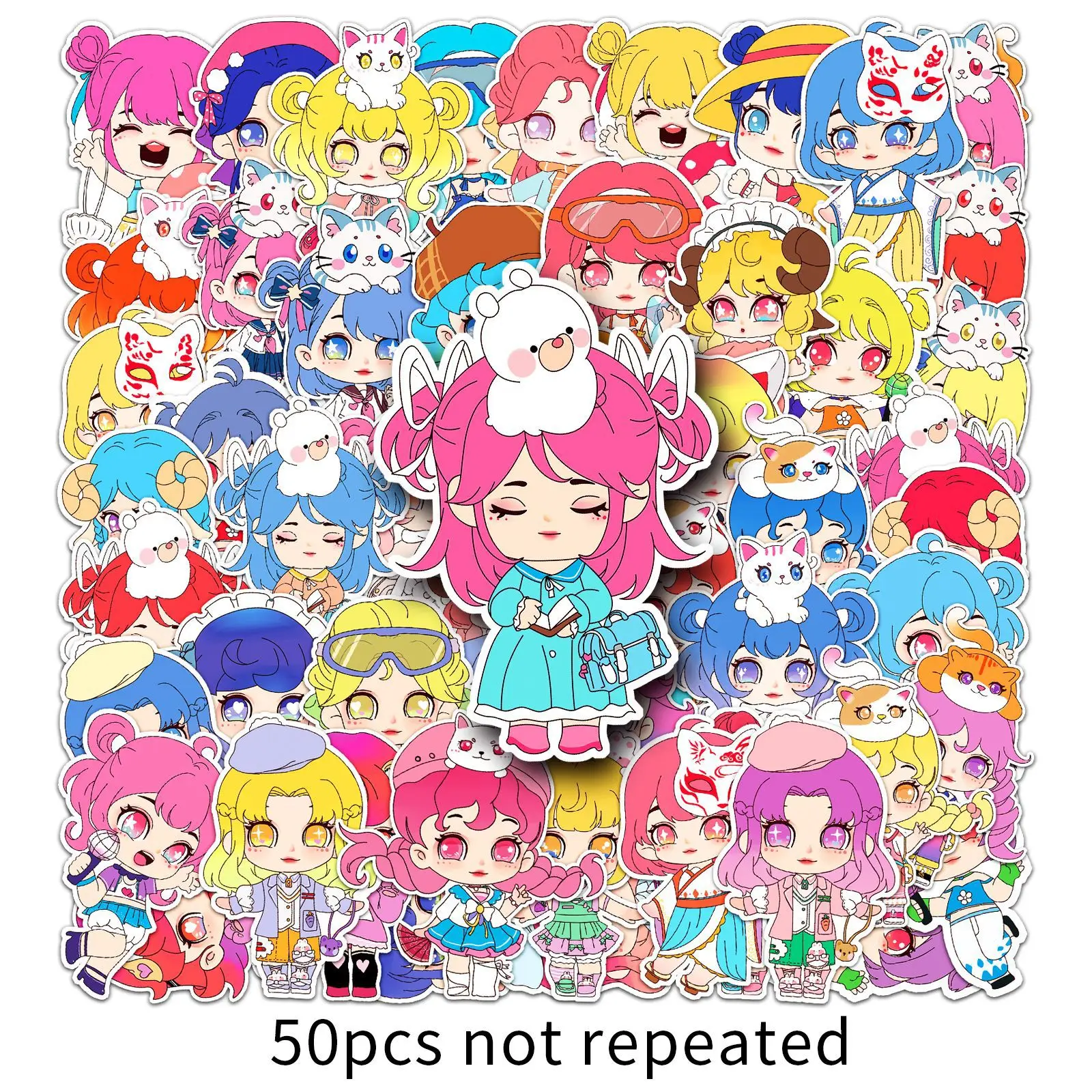 Paquete de 50 Pegatinas de Anime Kawaii, Adhesivos de Vinilo Impermeables con Diseño de Gatos, para Diario, Agenda, Material Escolar, Accesorios para Cuadernos ​