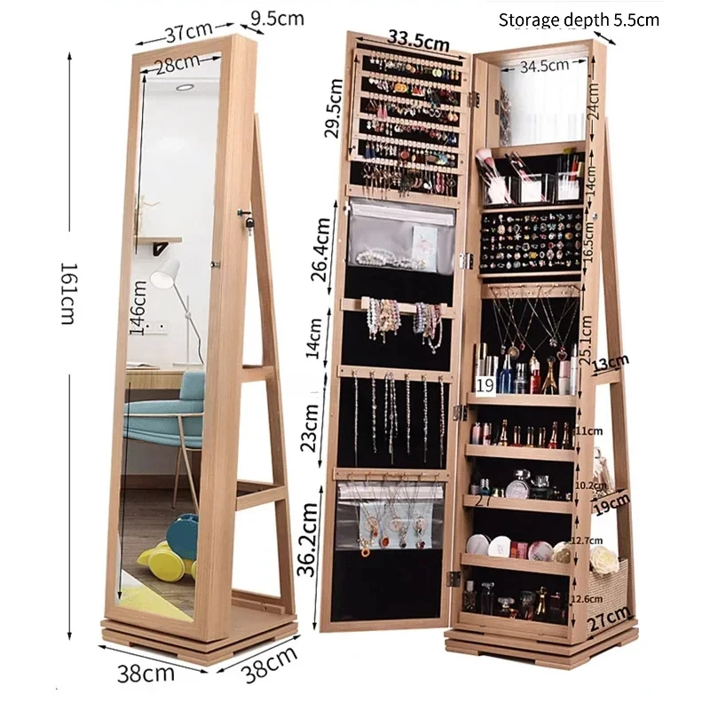 Full-length Mirror 360° Rotating Floor Makeup Mirror Cabinet Bedroom Jewelry Cabinet with Mirror Fitting Room Dressing Mirrors