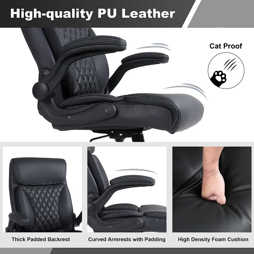 Kursi Kantor Eksekutif, Kursi Meja Komputer Kulit PU Ergonomis dengan Penopang Lumbar, Sandaran Tangan Flip-up, dan Tinggi Dapat Disesuaikan, fo