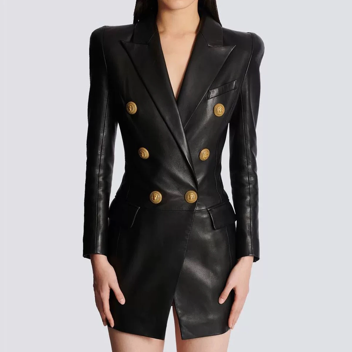 

Spring And Autumn New High-End Fashion Simple Temperament Commuting Slim Fit Double Breasted Women's Pu Leather Suit Dress