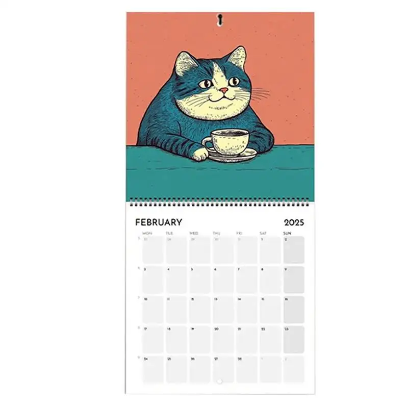 

Календарь с милым котом, ежемесячный календарь на 2025 год, охлаждающий кошки с кофе, 12 месяцев, ежемесячный еженедельник на 2025 год, календарь для домашнего декора