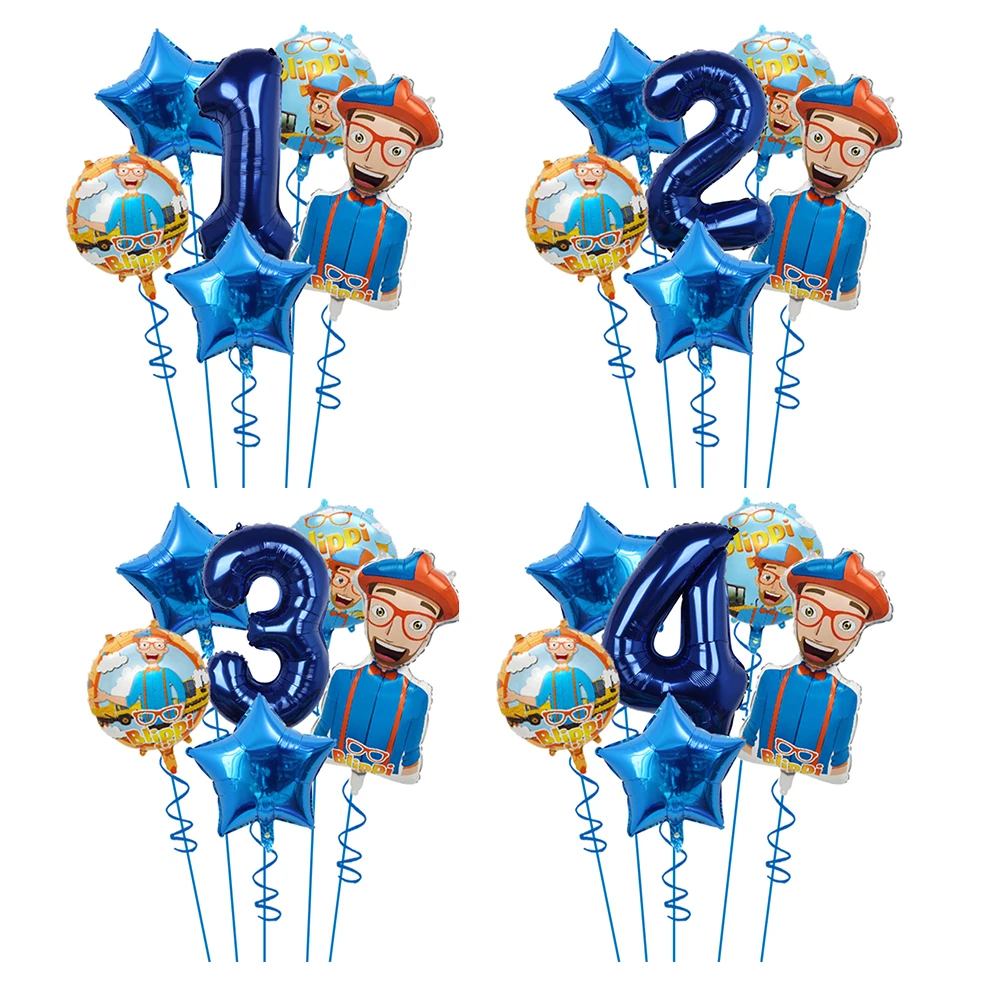 6pcs Blippi Themd Balloon Set 40inch Blue Number Foil Balloon Boy Birthday Party Decoration Baby Shower Gender Reveal Decoration