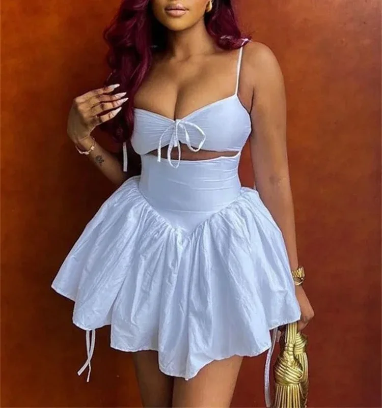 

Hollow Ruched Dress Women Square Collar Lace-up Shoulder Strap Backless Sleeveless Ruffles Street Trend Mini Bodycon