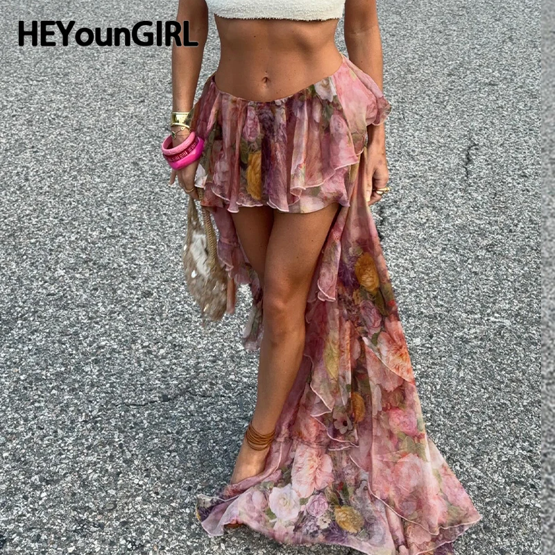 

HEYounGIRL Floral Vintage Ruffled Women Flowy Skirt Vacation Stylish Outfits Low Waist Dipped Hem Y2K Long Skirt Aesthetic Chic