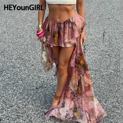 HEYounGIRL Floral Vintage Ruffled Women Flowy Skirt Vacation Stylish Outfits Low Waist Dipped Hem Y2K Long Skirt Aesthetic Chic