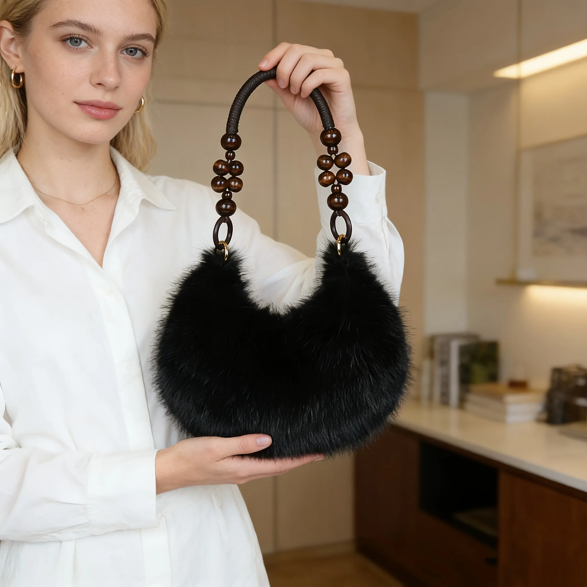 Elegant Plush Tote & Crossbody Bag with Beaded Strap. Zipper Closure, Multiple Colors. Perfect for Daily & Special Events. - view 3