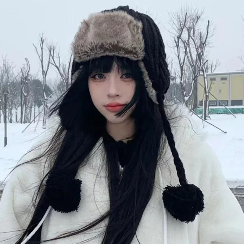 

Winter Imitation Fur Plush Lei Feng Hat Fashion Twist Texture Windproof Cycling Ear Protection Knitting Bomber Hats for Women‘s
