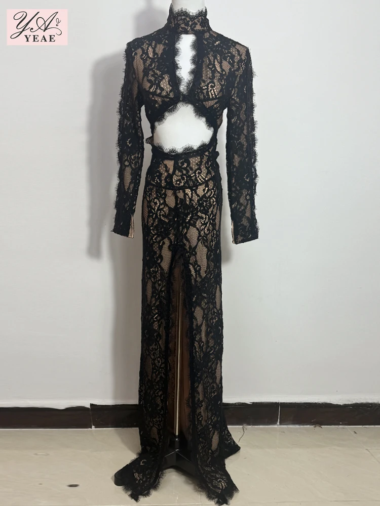 Black Lace Cut Out Long Dress Backless High Split Maxi Long Sleeves O Neck Celebrity Slim Cocktail Party Evening Gowns image 2