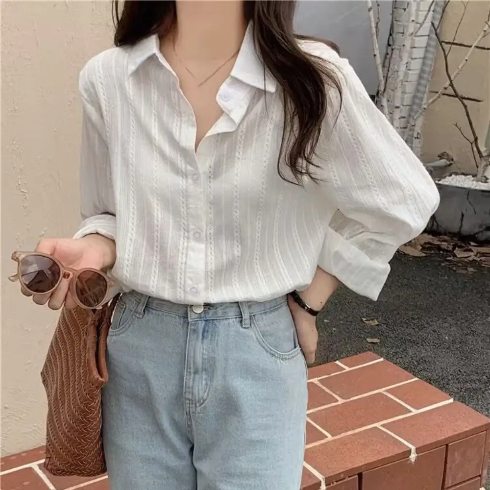 قميص Sweet Strip، بلوزة فضفاضة كاجوال بأكمام طويلة، قميص رفيع للحماية من الشمس بأزرار للنساء لربيع وخريف وصيف #2