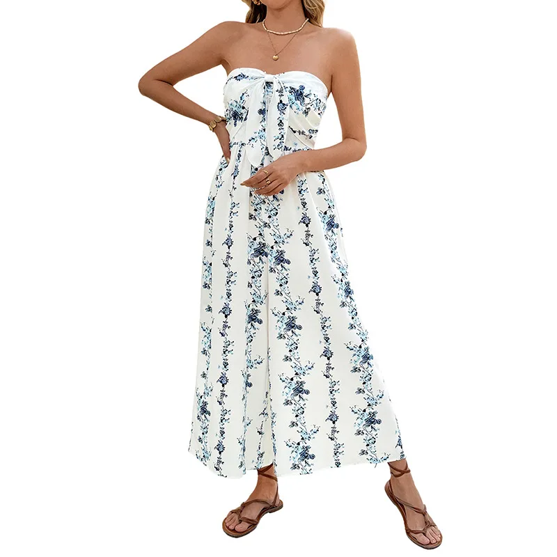 

Новый комбинезон-брюки в европейском и американском стиле 2026 года с цветочным принтом и широкими штанинами, без бретелек, в стиле французских праздничных нарядов