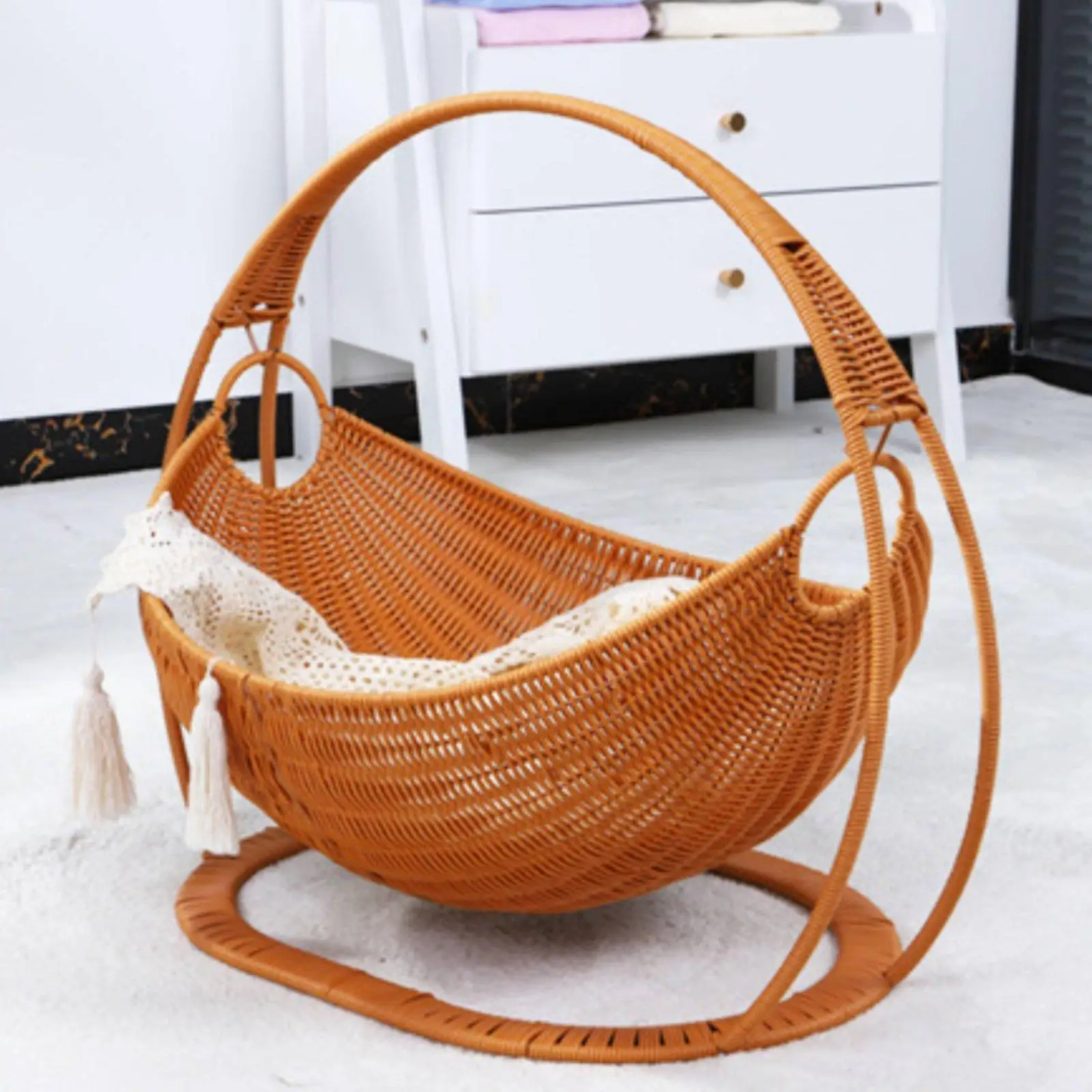 Hanging Bed Basket Plush Cat Bed Stylish Rattan Cat Basket Removable Design Cat Furniture for Living Room Relaxing Pet Haven