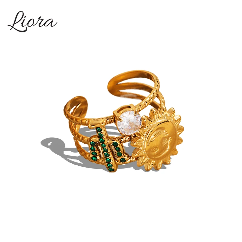 

Liora Stainless Steel Green 5A Cubic Zircon Cactus Sun Open Rings For Women Distinctive Gold Plated Wedding Party Rings Jewelry